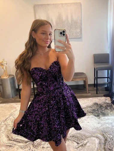 Cheap A-Line Sweetheart Sleeveless Short Velvet Sequin Prom Dress