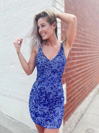 Cheap Short Velvet Sequin V-Neck Sleeveless Prom Dress
