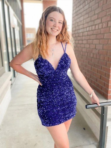 Cheap Sleeveless Short Velvet Sequin V-Neck Prom Dress