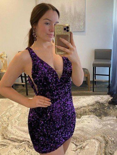 Cheap V-Neck Sleeveless Short Velvet Sequin Prom Dress