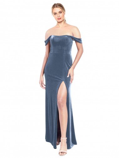 Cheap Draped Sleeves Wide Scoop Neck Off the Shoulder Velvet Bridesmaid Dress / Prom Dress