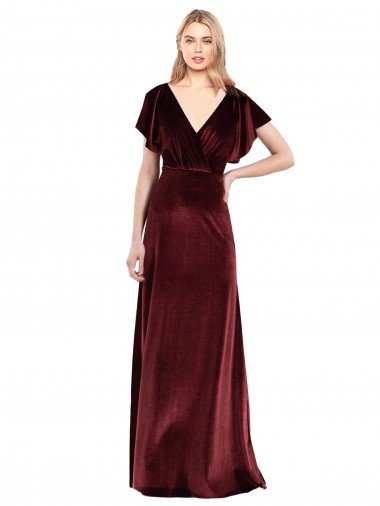 Cheap Flutter Sleeves Open Back Long Velvet Bridesmaid Dress / Prom Dress