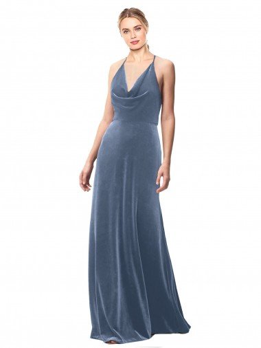 Cheap Halter Cowl Neck Long A-Line Velvet Bridesmaid Dress / Prom Dress with Keyhole Back