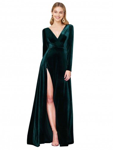 Cheap Deep V-Neck Long Sleeves Formal Velvet Bridesmaid Dress / Prom Dress with High Side Split