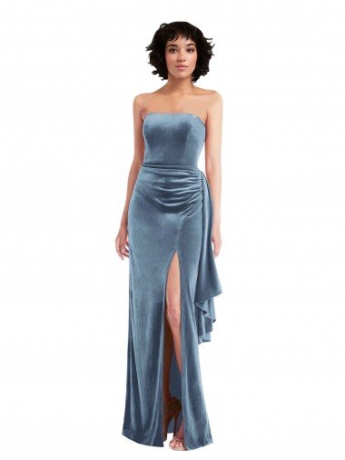 Cheap Strapless Formal Velvet Maxi Bridesmaid Dress / Prom Dress with Draped Skirt