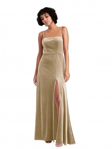 Cheap Square Neck Formal Velvet Maxi Bridesmaid Dress / Prom Dress with Front Slit & Pockets