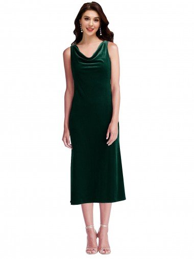 Cheap Cowl Neck Velvet Midi Cocktail Length Bridesmaid Dress / Prom Dress