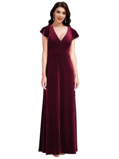 Cheap Flutter Sleeve Velvet Maxi Bridesmaid Dress / Prom Dress with Pockets