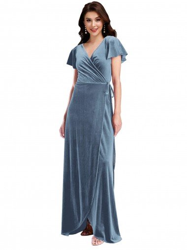 Cheap Flutter Sleeve Velvet Wrap Maxi Bridesmaid Dress / Prom Dress with Pockets