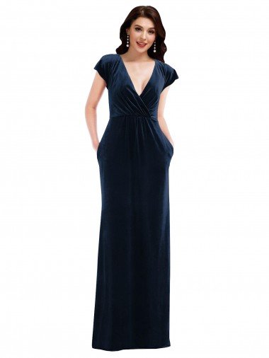 Cheap Flutter Sleeve Wrap Bodice Formal Velvet Maxi Bridesmaid Dress / Prom Dress with Pockets