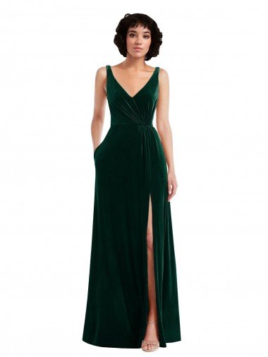 Cheap Floor Length Velvet Maxi Bridesmaid Dress / Prom Dress with Shirred Bodice and Front Slit