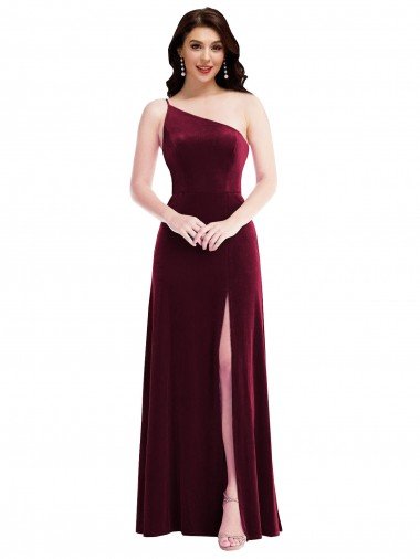 Cheap One Shoulder Spaghetti Strap Velvet Maxi Bridesmaid Dress / Prom Dress with Pockets