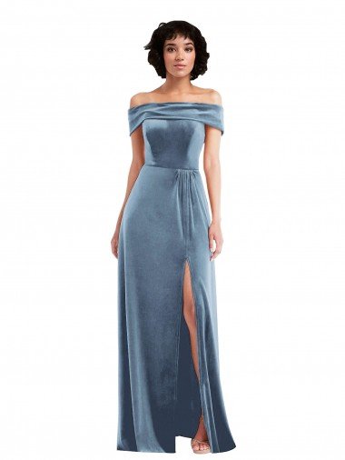 Cheap Draped Cuff Off the Shoulder Velvet Maxi Bridesmaid Dress / Prom Dress with Pockets