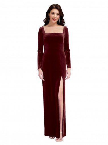 Cheap Sleek Square Neck Spaghetti Straps Velvet Bridesmaid Dress / Prom Dress with Side Slit