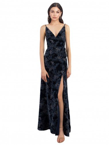 Cheap Floral Velvet Surplice V-Neck Long Bridesmaid Dress with V-Back