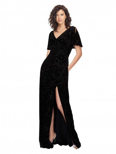 Cheap Split Sleeves V-Neck Floral Velvet Bridesmaid Dress with Front Slit