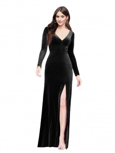 Cheap Long Sleeves Formal Velvet Bridesmaid Dress / Prom Dress with V-Neckline and Thigh Slit
