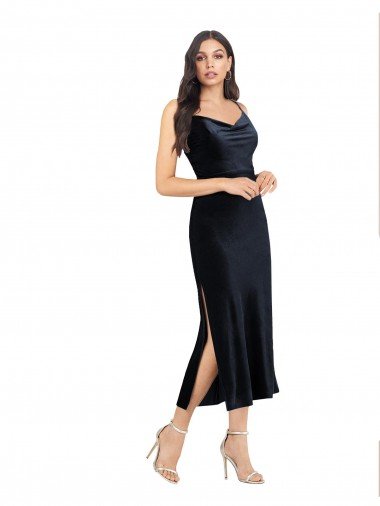 Cheap Midi Cocktail Length Formal Velvet Bridesmaid Dress / Prom Dress with Cowl Neck and Spaghetti Straps