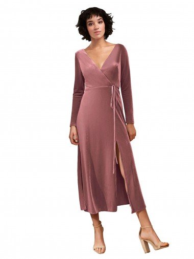 Cheap Long Sleeve Velvet Faux Wrap Midi Length Bridesmaid Dress / Prom Dress