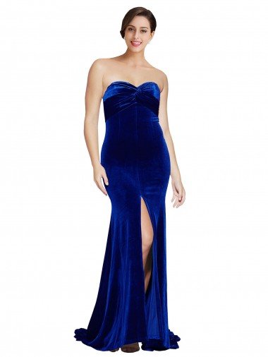 Cheap Strapless Ruched Formal Velvet Bridesmaid Dress / Prom Dress with Sweep Train and Front Slit