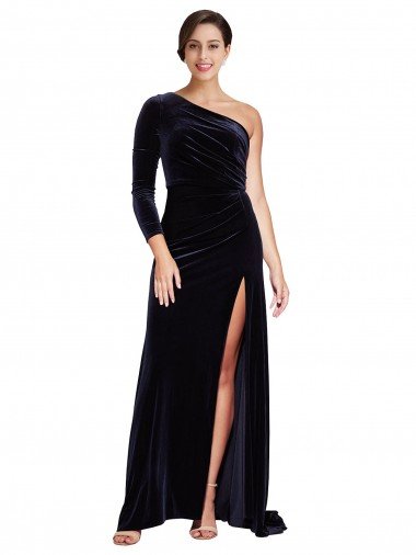 Cheap One Sleeve Long Formal Velvet Bridesmaid Dress / Prom Dress with Thigh High Split