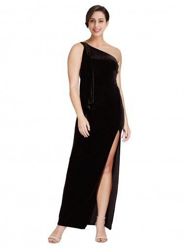 Cheap One Shoulder Long Formal Velvet Bridesmaid Dress / Prom Dress with Side Split and Shoulder Tie