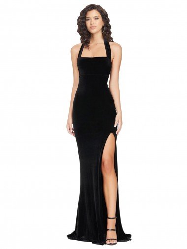 Cheap Halter Neck Wide Straps Long Velvet Bridesmaid Dress / Prom Dress with Side Split